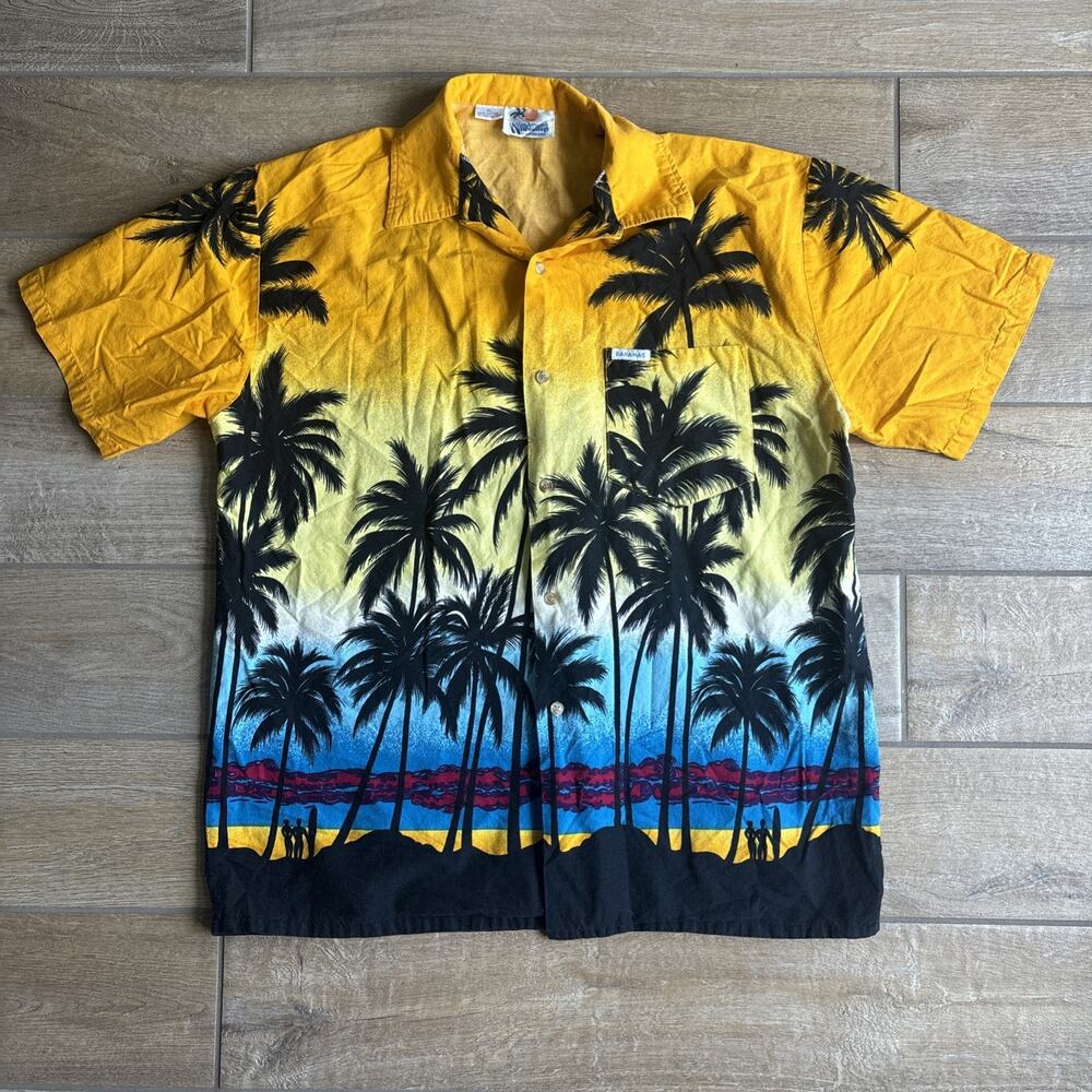 Windswept Button Down Shirt Mens XL Yellow Tropical Palm Tree Bahamas Cotton